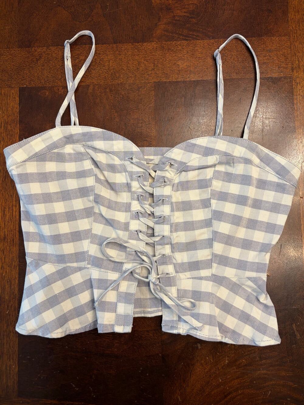 Urban Outfitters M Blue & White Gingham Lace-Up Crop Top Bustier